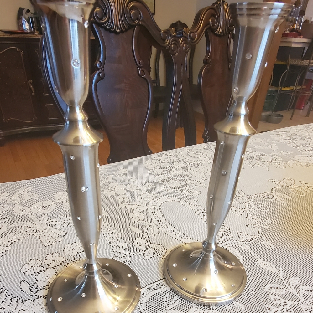 Pewter Candlestick holders (2) with Crystal accent